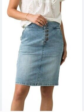 Prana Light Blue Denim Midi Skirt with Button Front